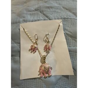 pink elephant Jewelry Set Necklace & Earrings Gold Tone Crystal Rhinestone Cute